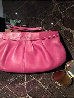 Coach Hot Pink Leather Pleated Wristlet Clutch
